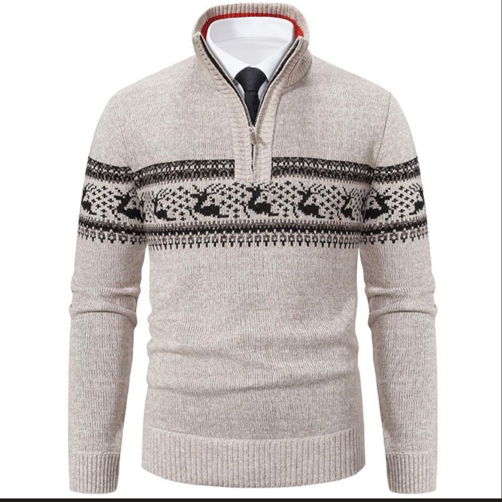 SHEIN Cream and Black Zip‎ Up Sweater with Nordic Pattern